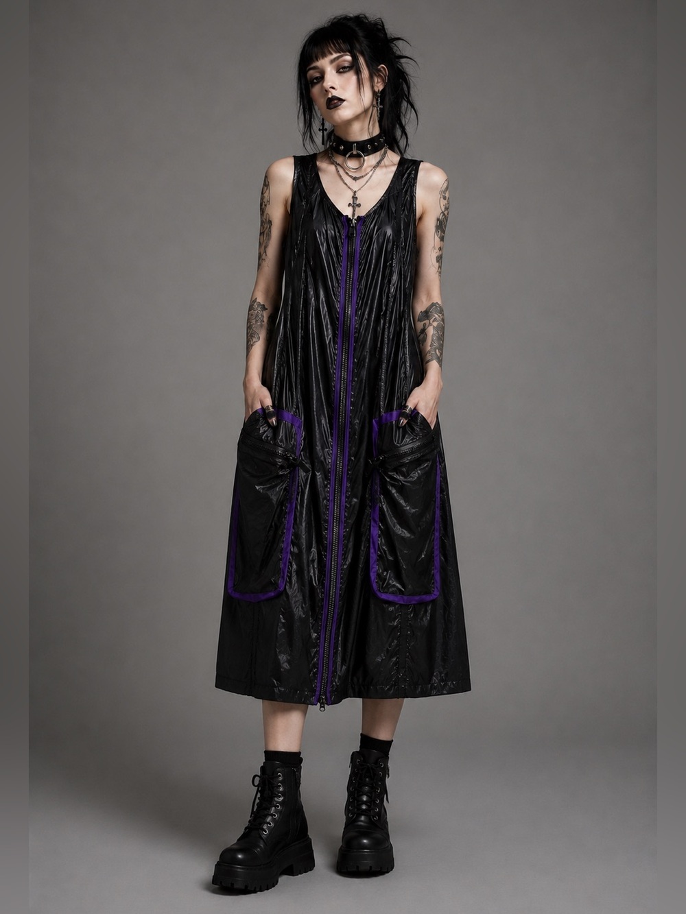 Caraclan faux Black Purple Zipper Pocket Front Midi Maxi Tank Dress Large Goth